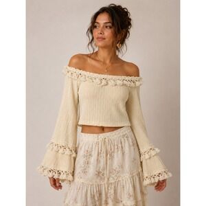 Boho Cottagecore Off Shoulder Tassel Bell Sleeve Crop Top Small  Pricing